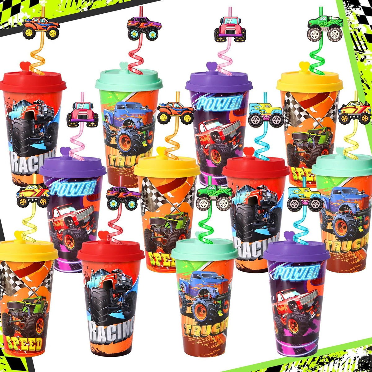Lidmada Monster Truck cups with lids and straws, 24-pack, ideal for party prep.