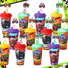 Lidmada Monster Truck cups with lids and straws, 24-pack, ideal for party prep.