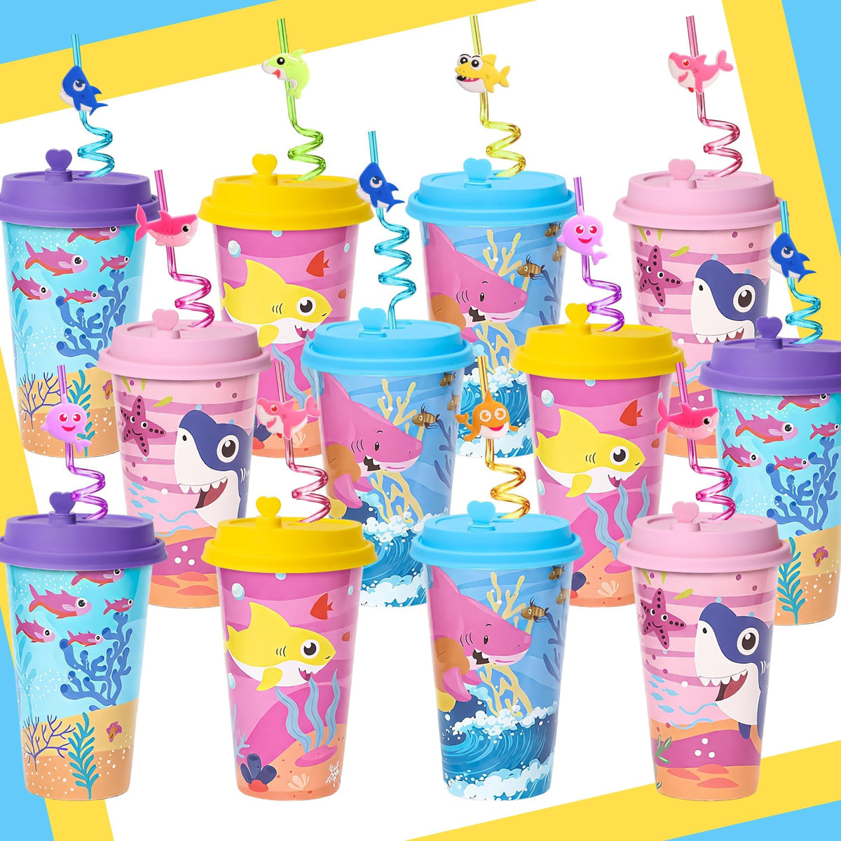 Lidmada shark cups 16oz with lids and straws for spill-free parties.