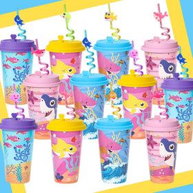 Lidmada shark cups 16oz with lids and straws for spill-free parties.