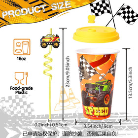 Whimsical monster truck design adds festive charm to drinks at birthday parties.