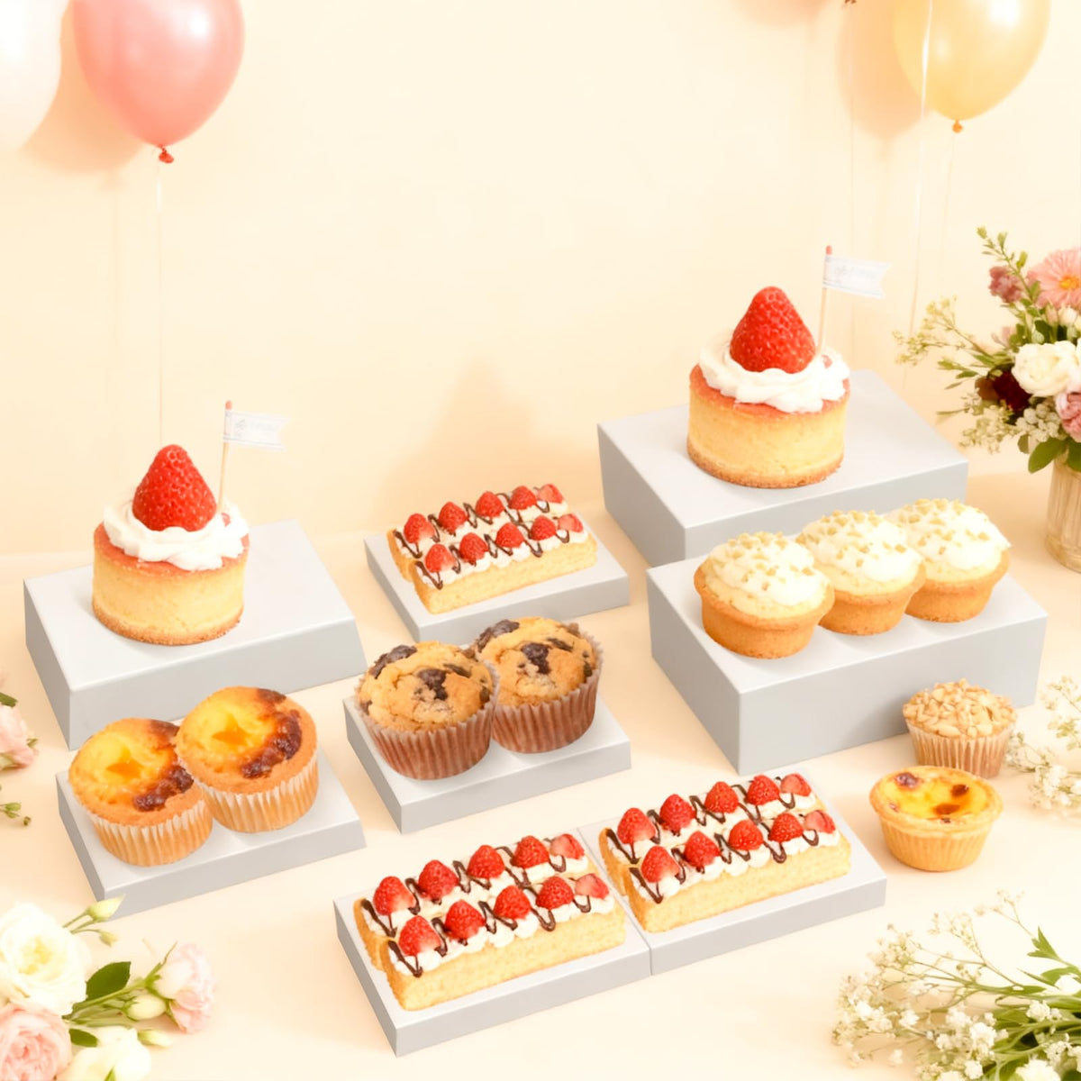 Liengoron modern display stands add a contemporary touch for parties.