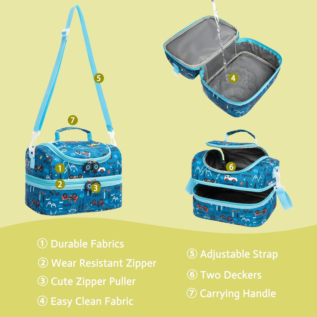 Life on Track blue car insulated lunch bag outer fabric remains water resistant for daily use.