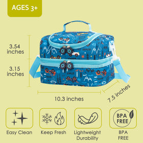 Life on Track blue car insulated lunch bag inner compartments help separate foods for school days.