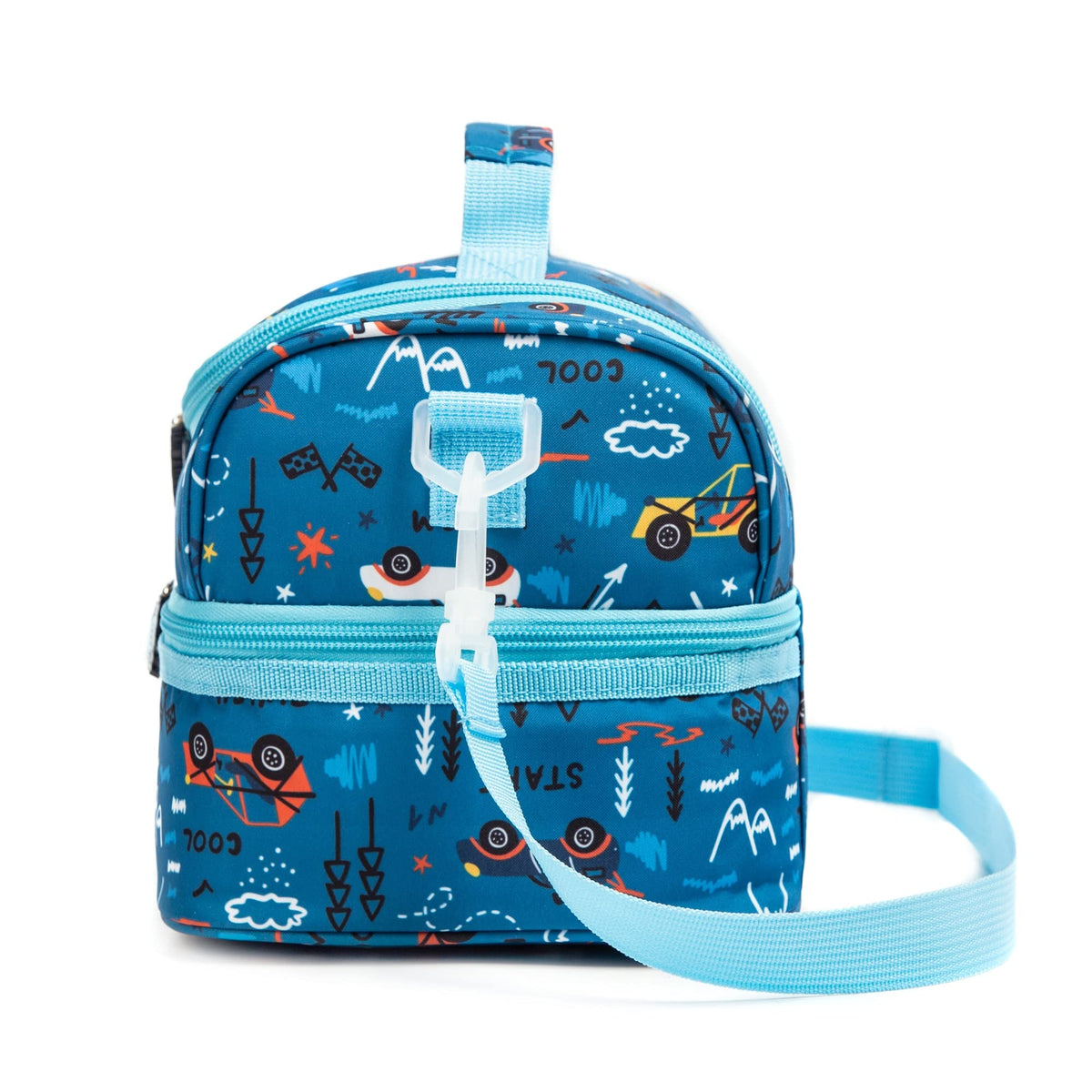 Life on Track blue car lunch bag with shoulder strap for easy carrying.