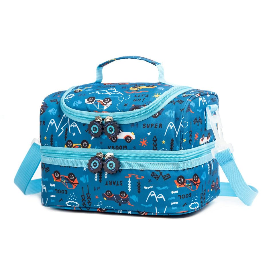 Life on Track blue car insulated lunch bag top view keeps meals fresh on the go.