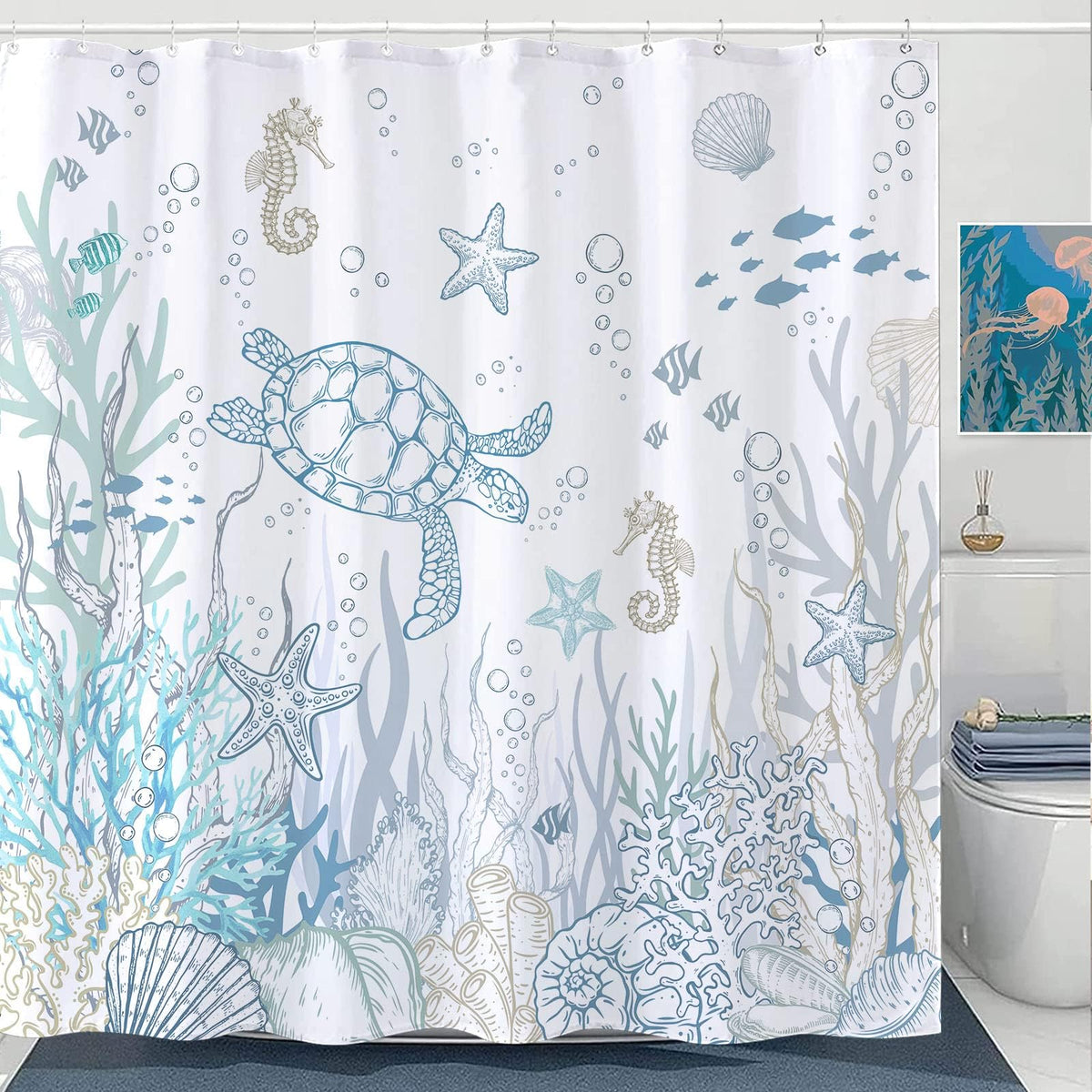 Lifeella 72x72 curtain shown as a size reference for standard bathrooms.