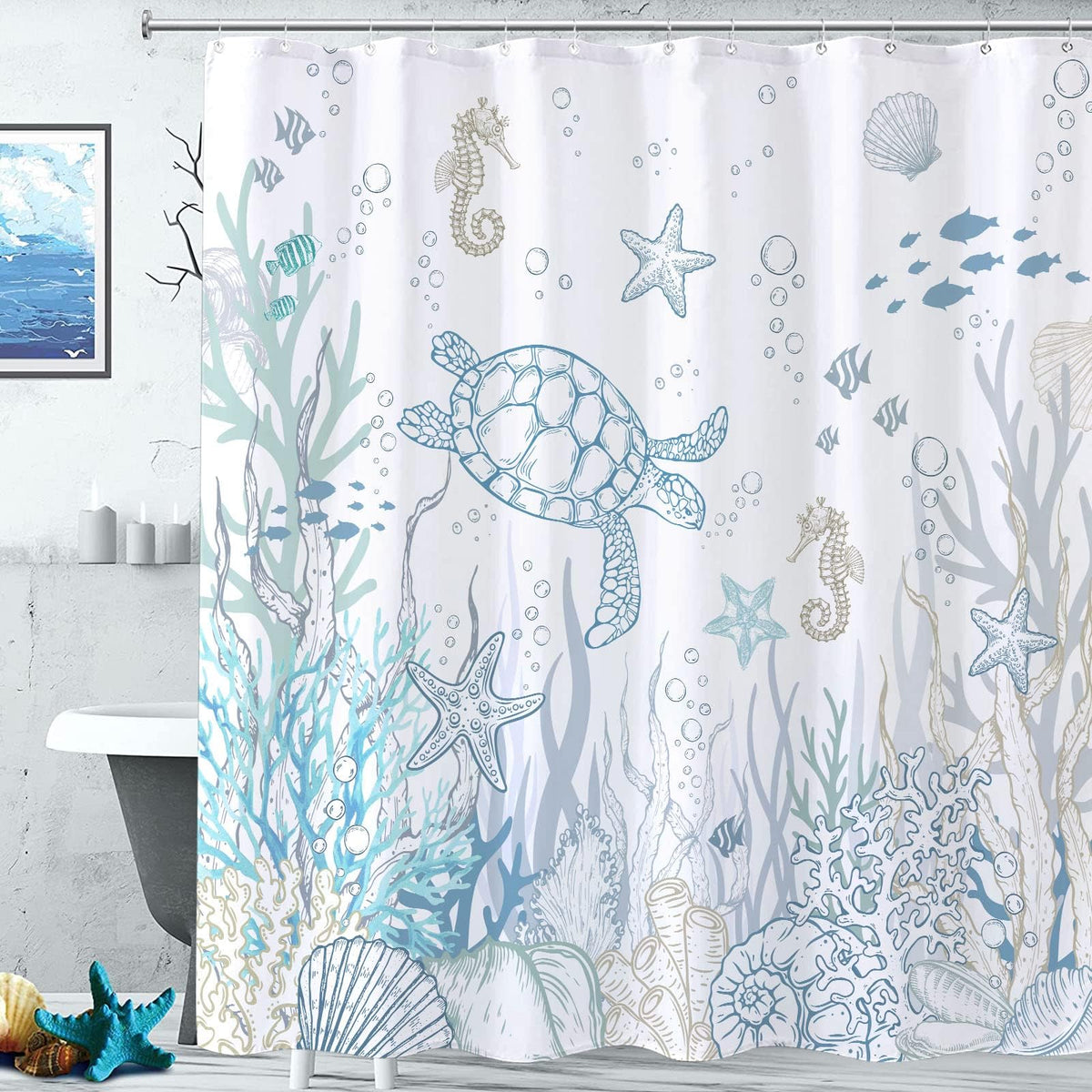 Lifeella coral starfish design close-up emphasizing colorful reef vibes in the bathroom.