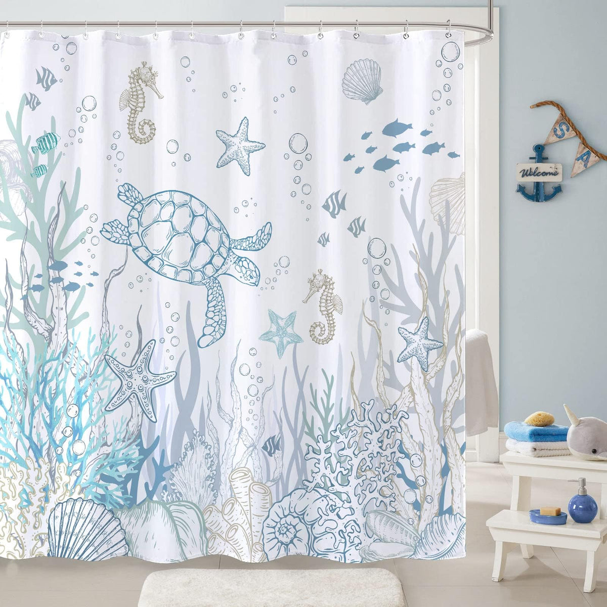 Lifeella nautical seahorse pattern detail inspiring a calming bath space.