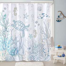 Lifeella nautical seahorse pattern detail inspiring a calming bath space.