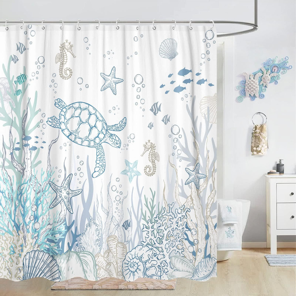 Lifeella shells and waves art focusing on coastal ambiance for a relaxing washroom.
