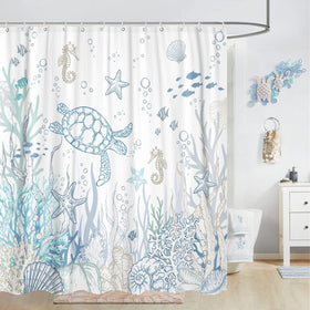 Lifeella shells and waves art focusing on coastal ambiance for a relaxing washroom.