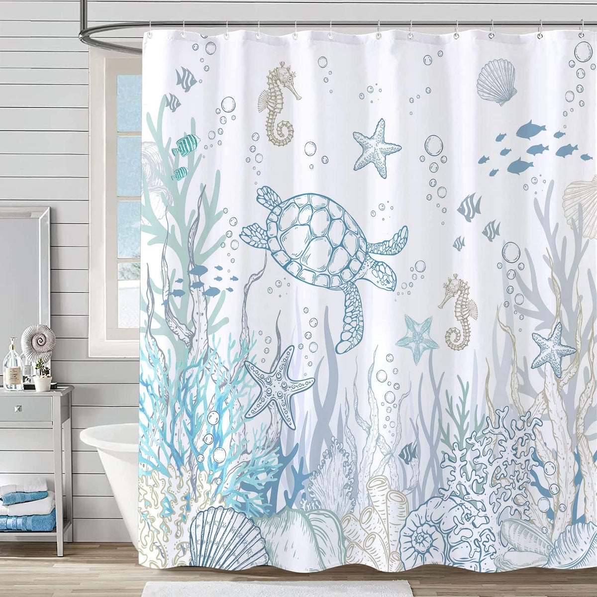 Lifeella nautical turtle curtain close-up highlighting vivid undersea motif for lively bathroom decor.
