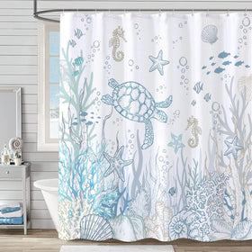 Lifeella nautical turtle curtain close-up highlighting vivid undersea motif for lively bathroom decor.