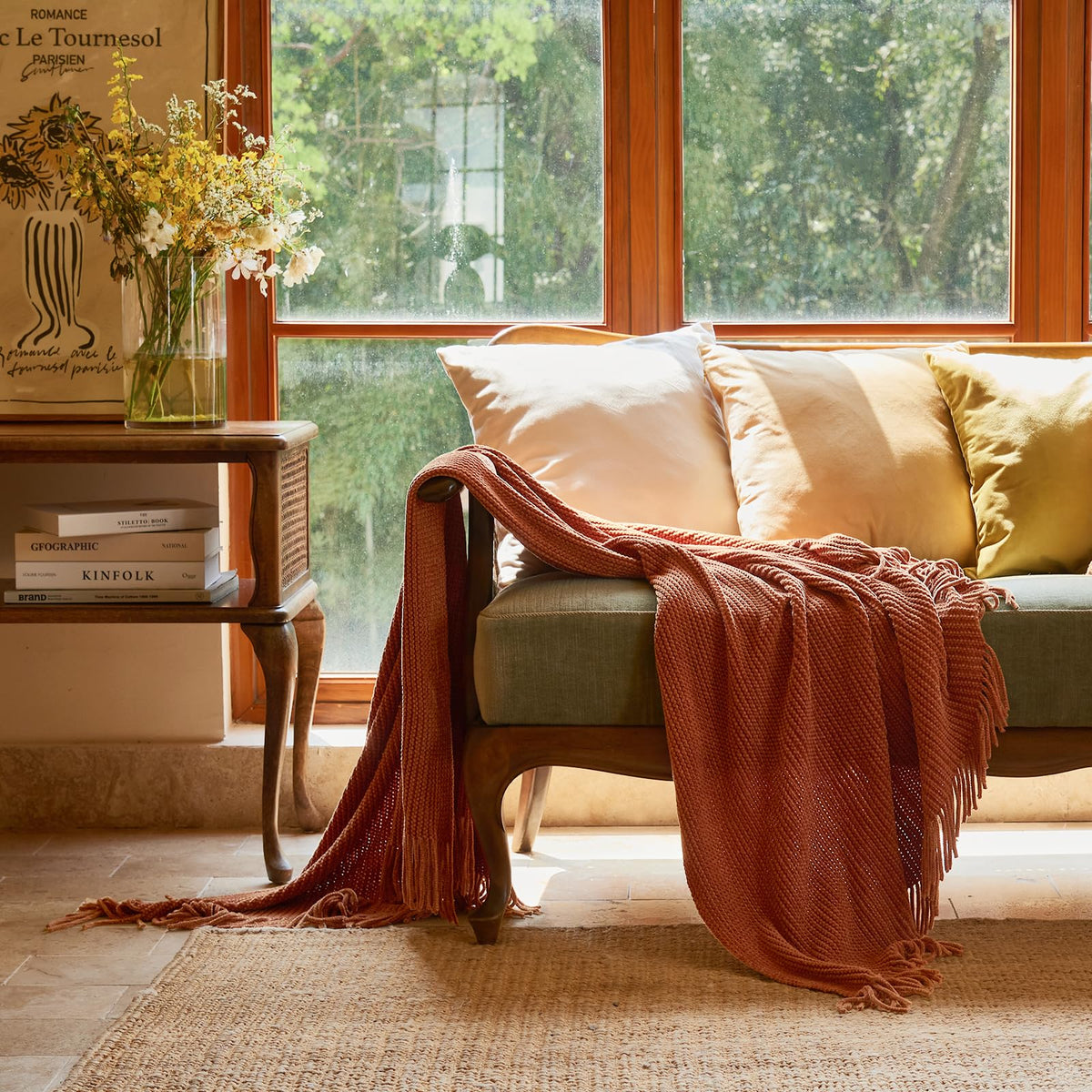 Lifein burnt-orange fringes add rustic farmhouse charm to living room decor