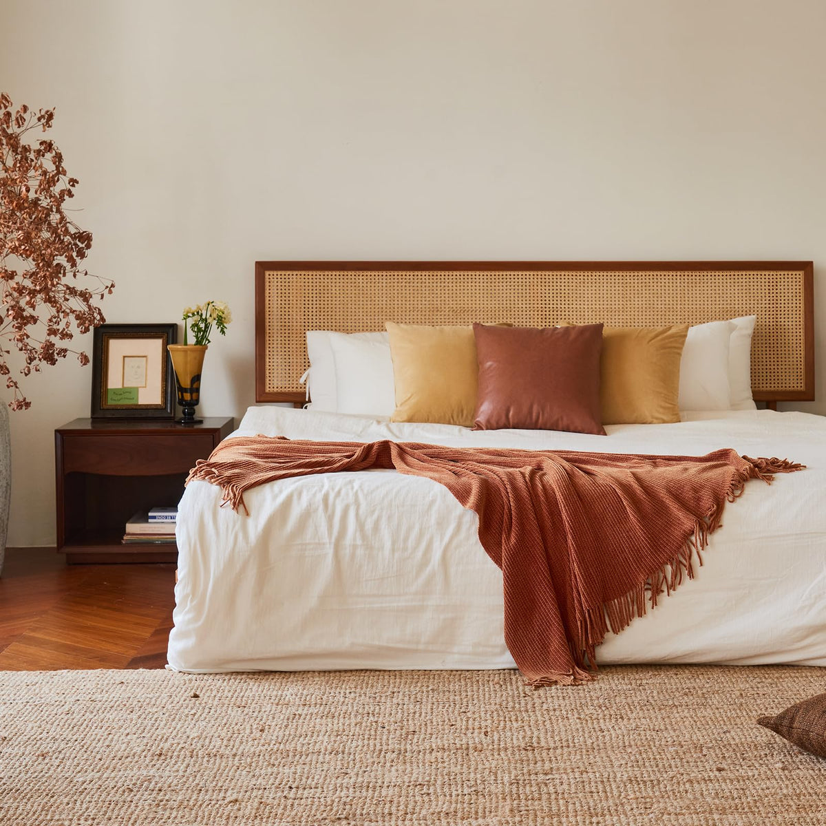 Lifein burnt-orange throw blanket complements warm bedroom decor
