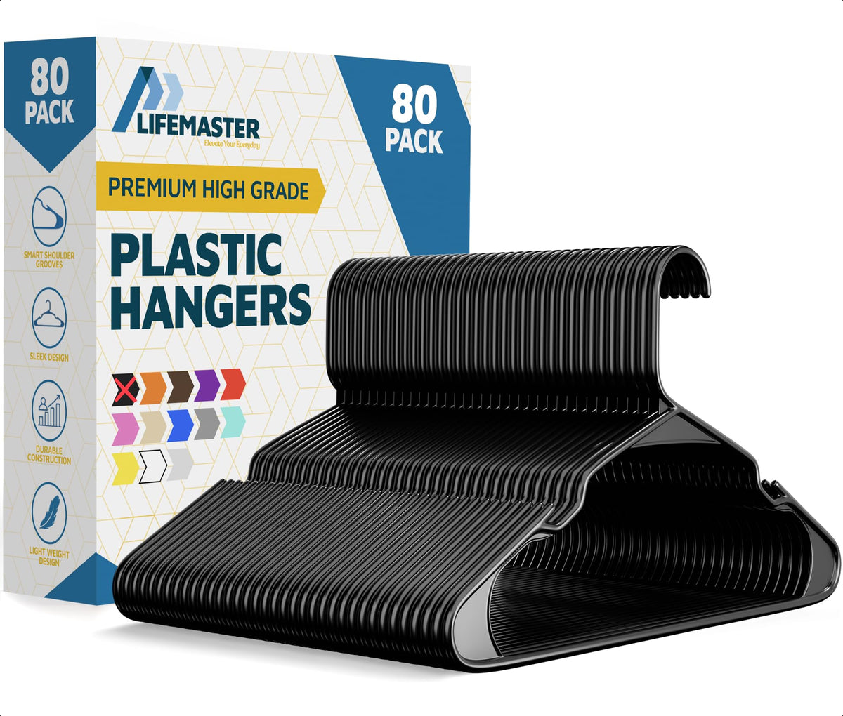 Lifemaster 80-piece black plastic hangers for organized closets.