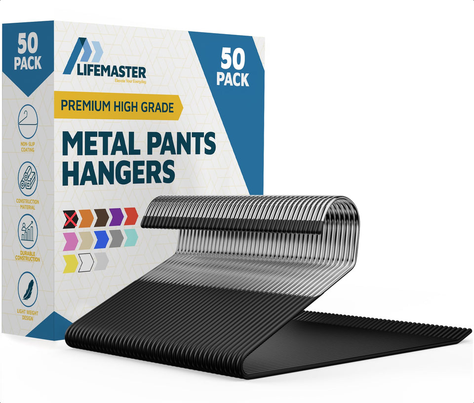 Lifemaster metal pants hanger set with non-slip surface secures waistbands for tidy closets.