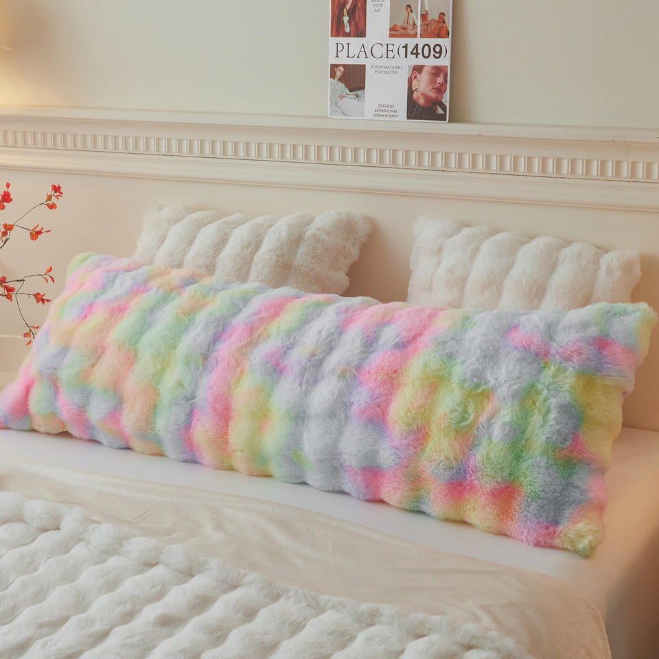 LIFEREVO fluffy rabbit fur body pillow cover in rainbow, ultra-soft texture for cozy nights.