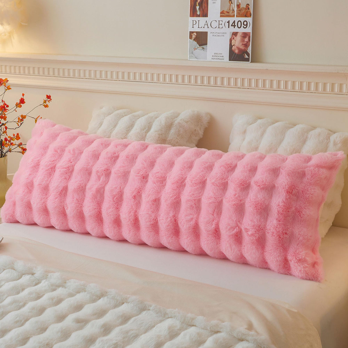 LIFEREVO fluffy rabbit fur cover in pink front view for plush comfort