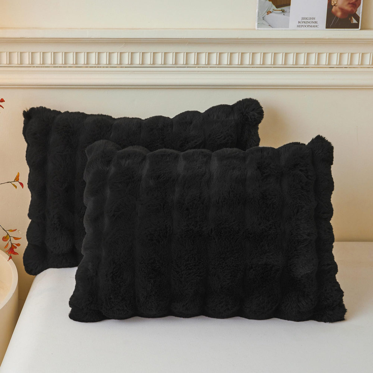 LIFEREVO fluffy rabbit fur pillowcase in black offers plush comfort for a cozy bed.