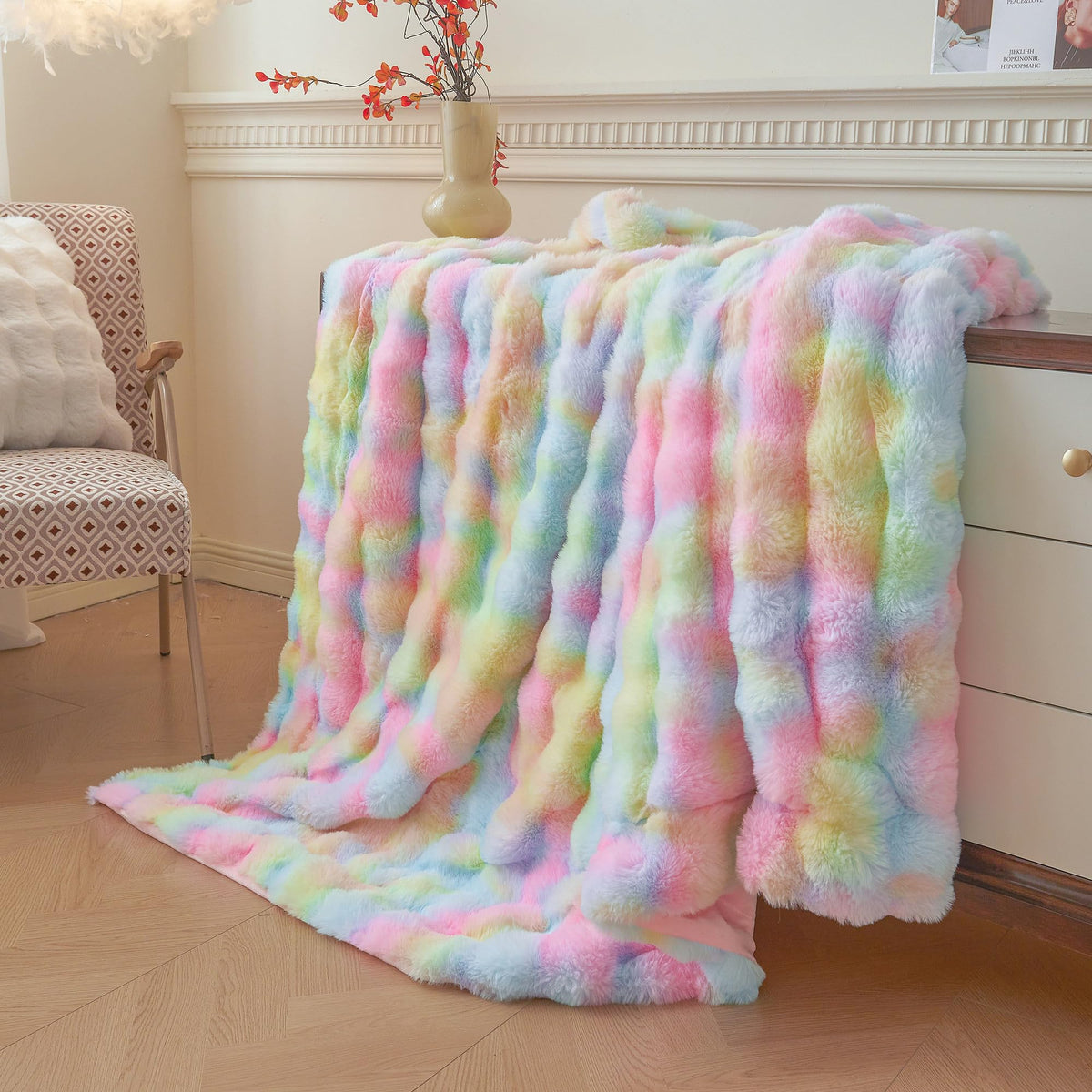 LIFEREVO rainbow bubble throw on chair demonstrates versatile home decor