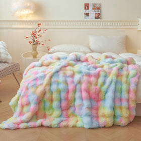 LIFEREVO rainbow bubble throw side view showing plush fur for cozy lounging