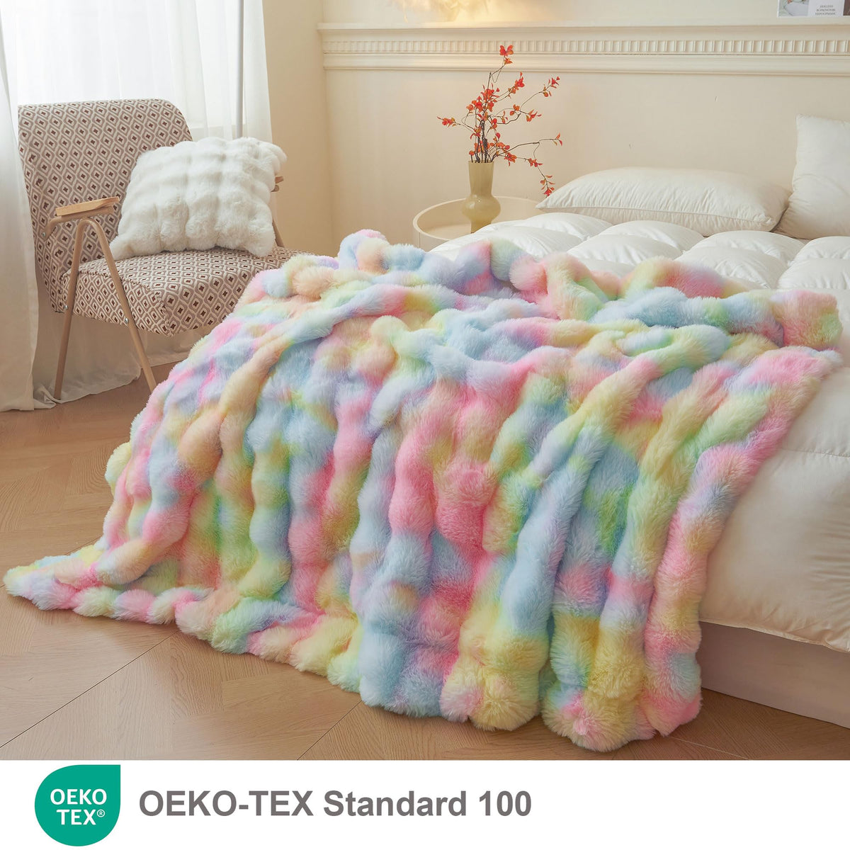 LIFEREVO rainbow bubble throw close-up highlights fur texture and velvet reverse
