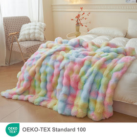 LIFEREVO rainbow bubble throw close-up highlights fur texture and velvet reverse