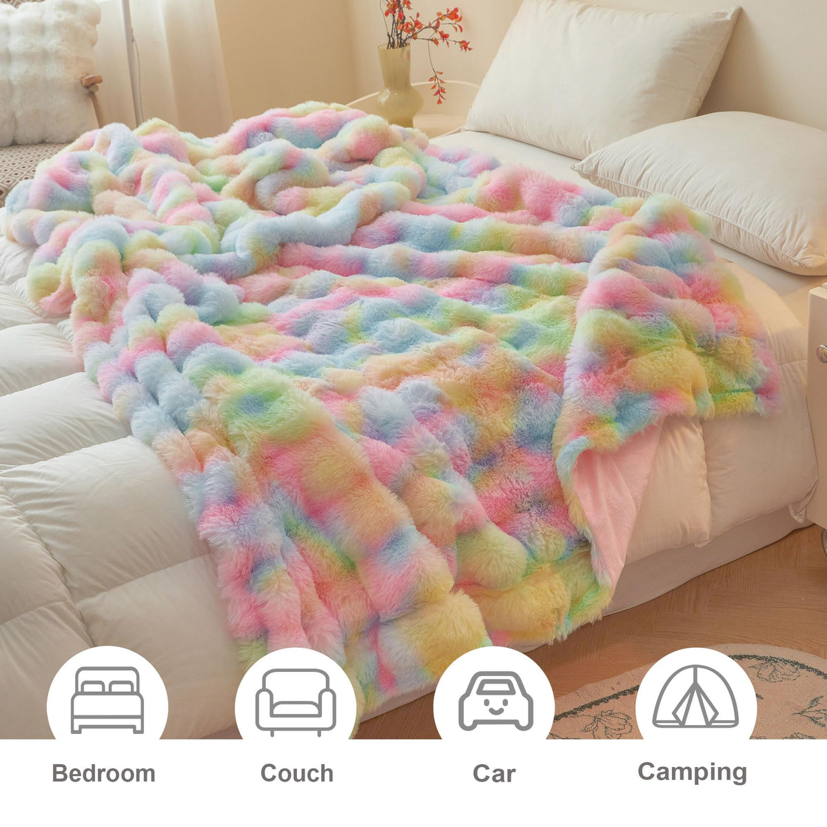LIFEREVO rainbow bubble throw drapes neatly on bed for cozy ambiance