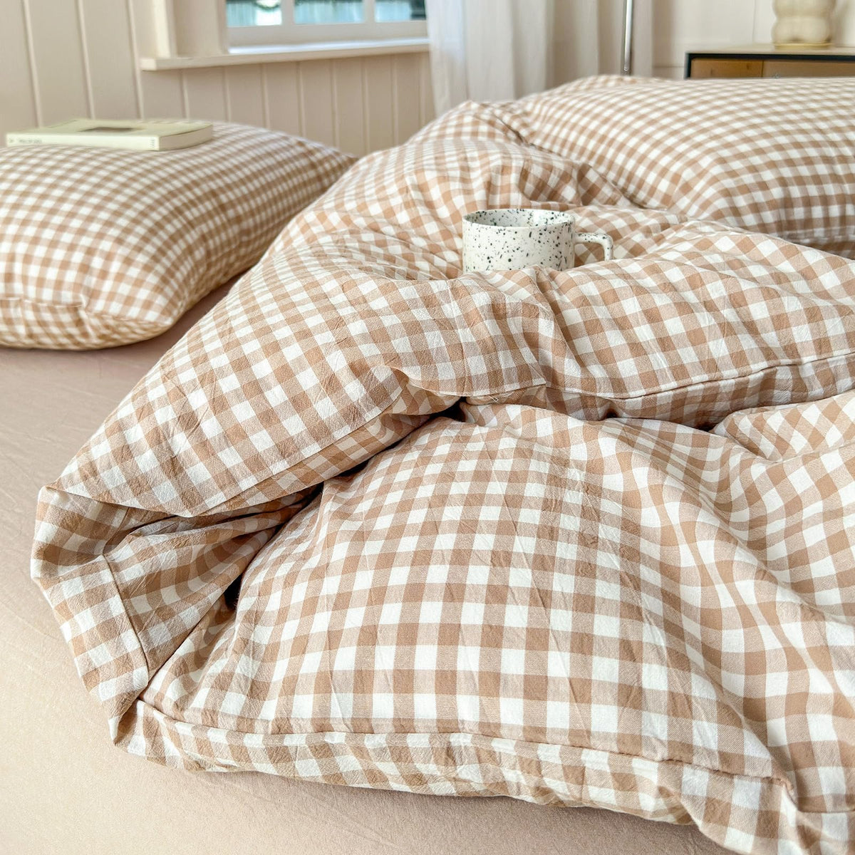 LifeTB beige tan plaid bedding brightens any bedroom decor.