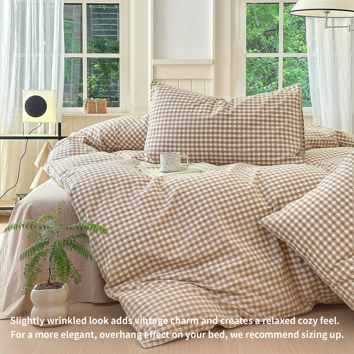 LifeTB pillow shams 20x26 with tan gingham grid for easy bed styling.