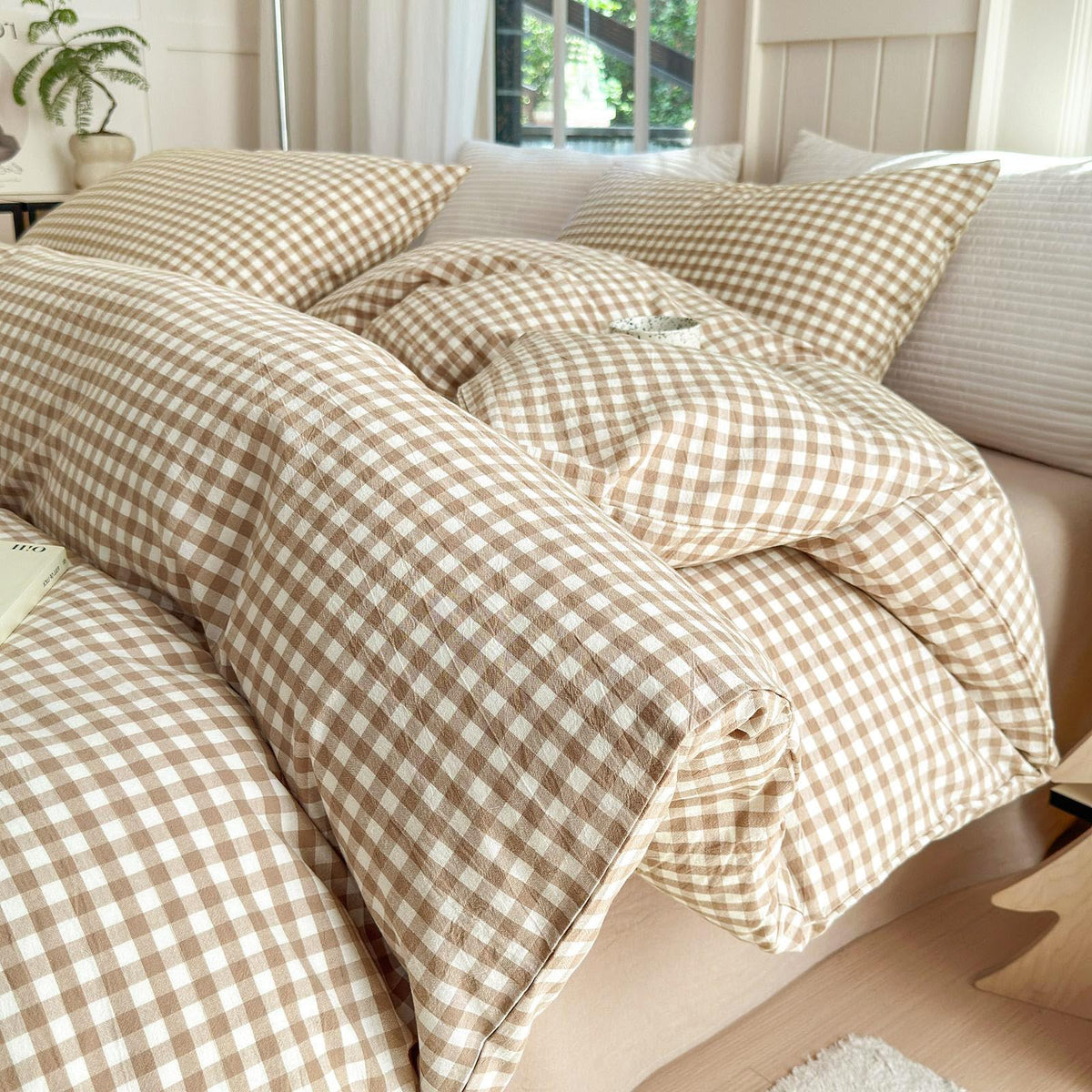 LifeTB queen comforter set in tan gingham adds cozy rustic charm.