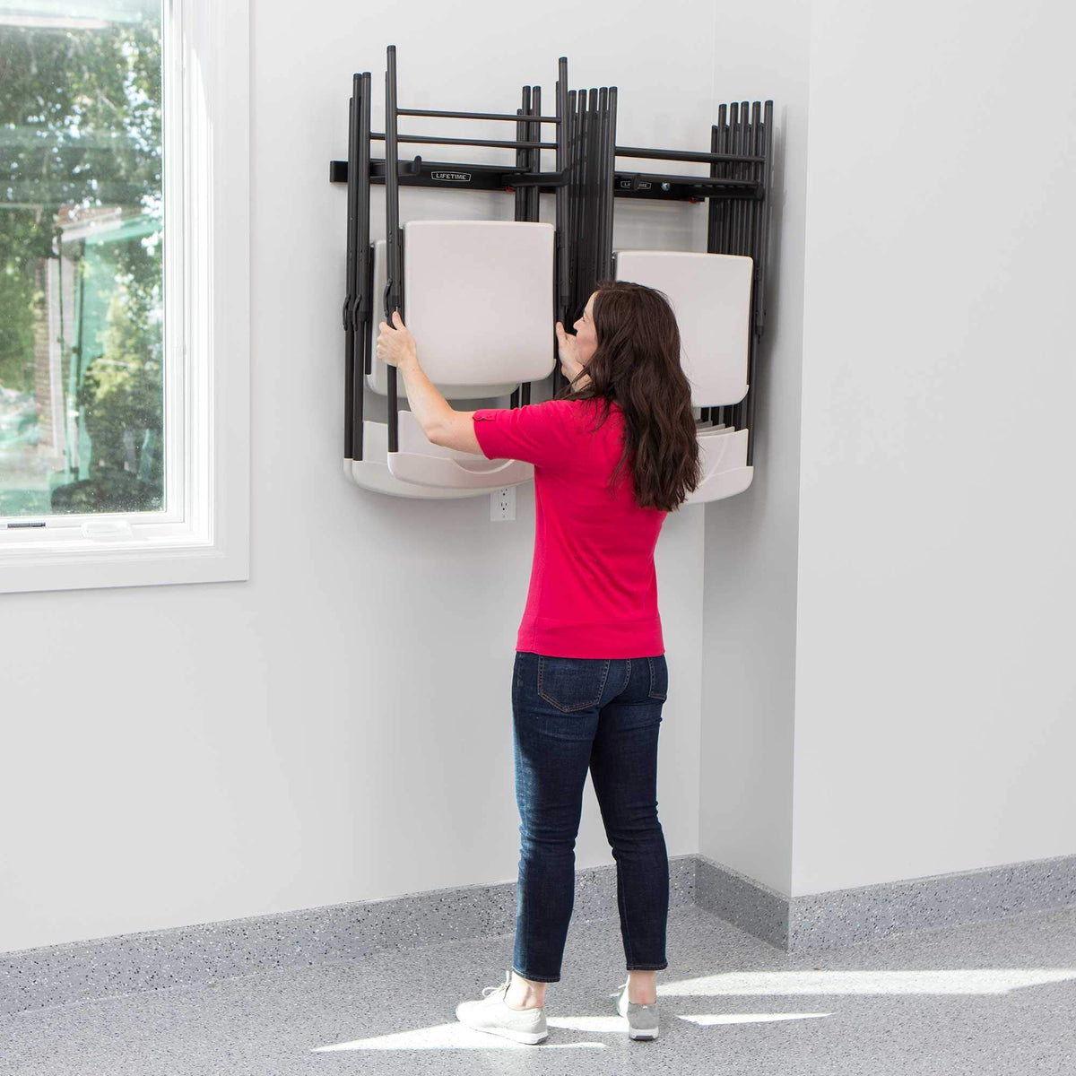 LIFETIME 80719 wall-mounted chair rack folding mechanism for easy use