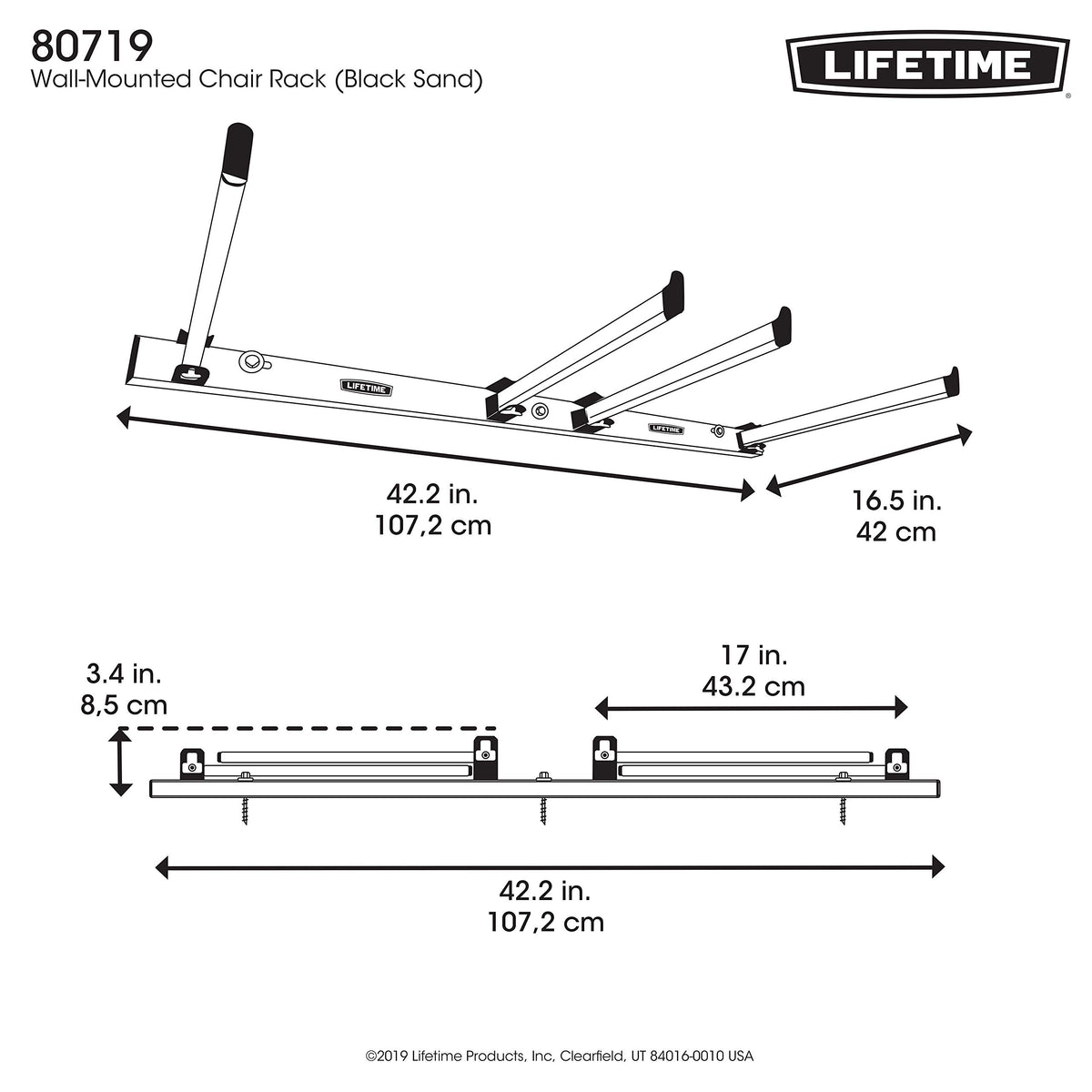 LIFETIME 80719 wall-mounted chair rack open dimensions show 42.2 inch length
