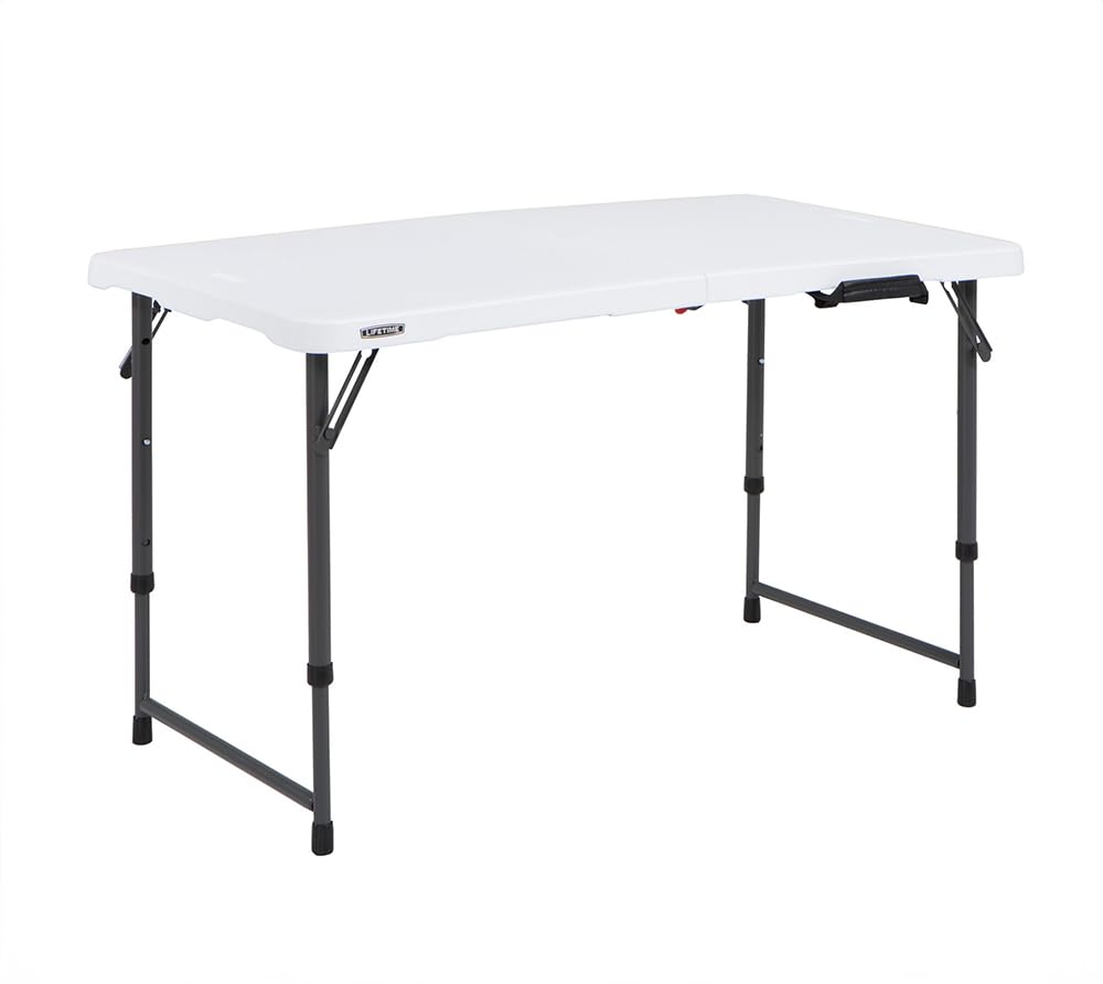 Lifetime fold-in-half table with gray frame, portable work station