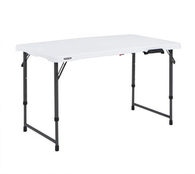 Lifetime fold-in-half table with gray frame, portable work station