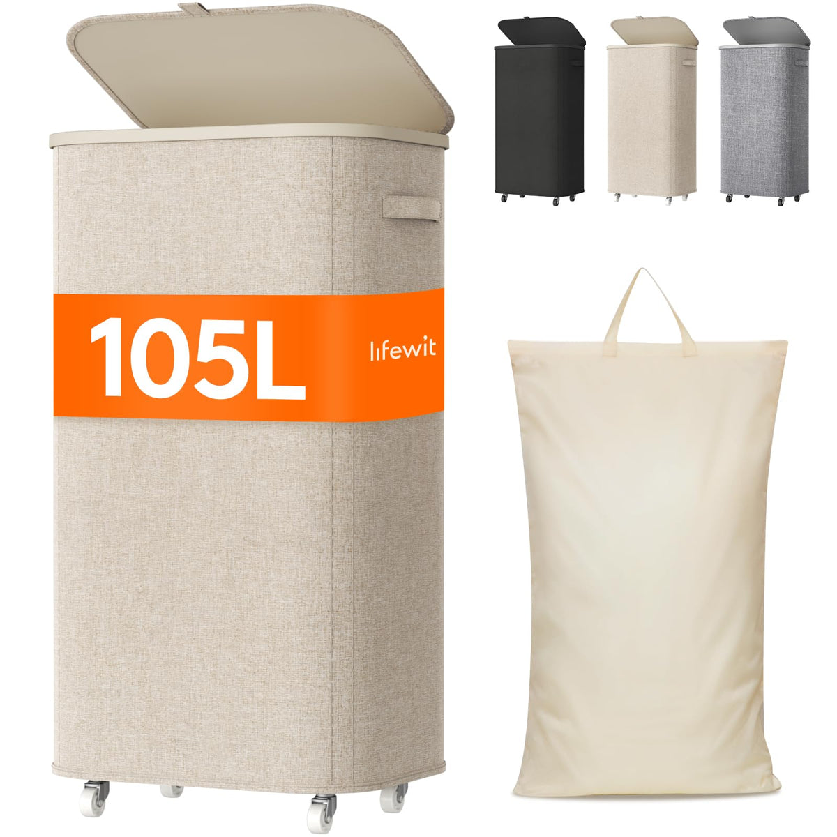 Lifewit 105L laundry basket with lid and wheels for easy transport.