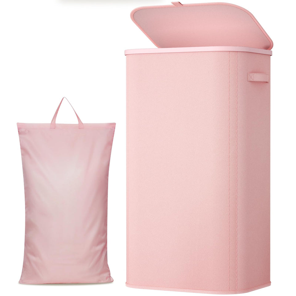 Lifewit 105L laundry basket with lid, pink, front view, spacious storage for weekly clothes.