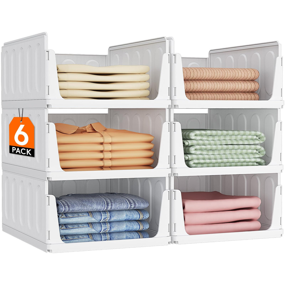 Lifewit six-pack stackable closet organizers on shelf saving space