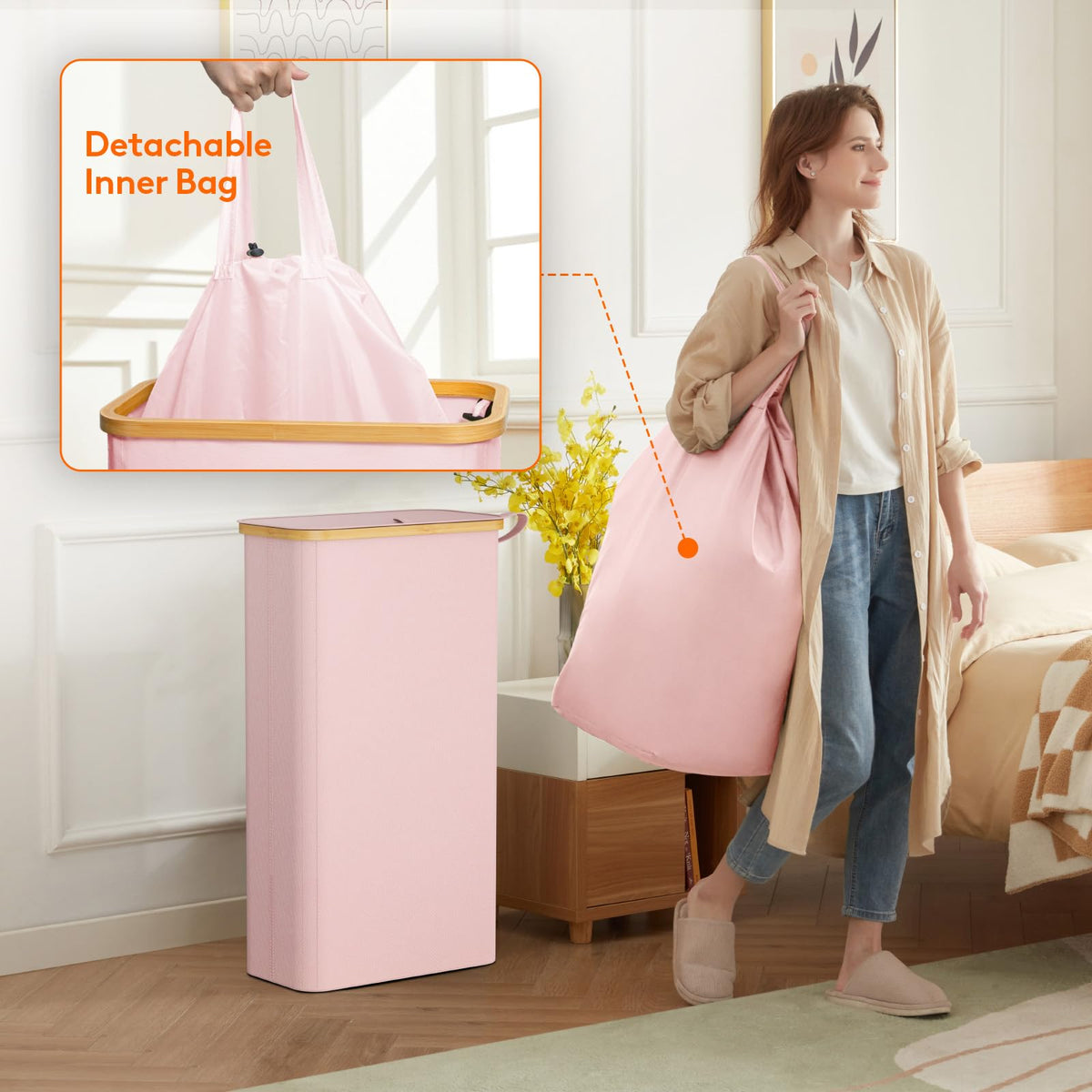 Lifewit pink 65L hamper folded flat for compact storage
