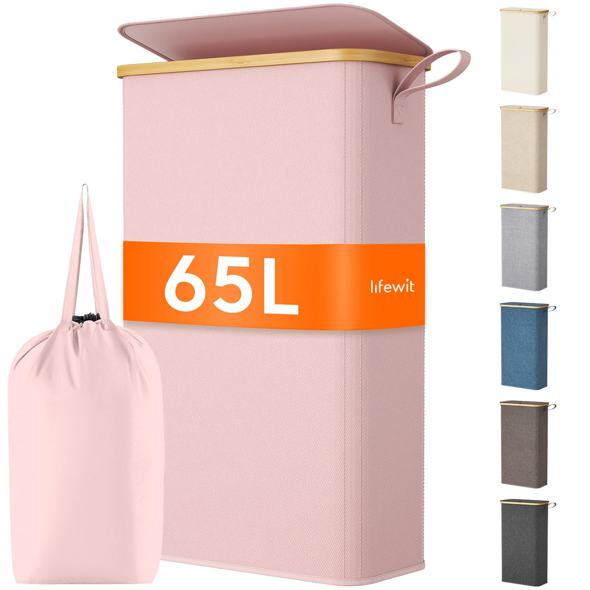 Lifewit 65L slim laundry hamper with pink lid to contain odors and keep laundry contained