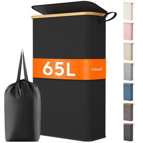 Lifewit 65L slim laundry hamper with lid placed in a narrow hallway for easy sorting