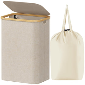 Lifewit 80L laundry basket with lid in beige, ideal for organizing dirty clothes.