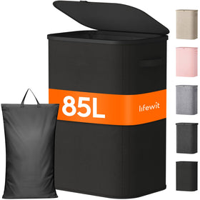 Lifewit 85L laundry basket with lid keeps laundry contained and odors minimized.