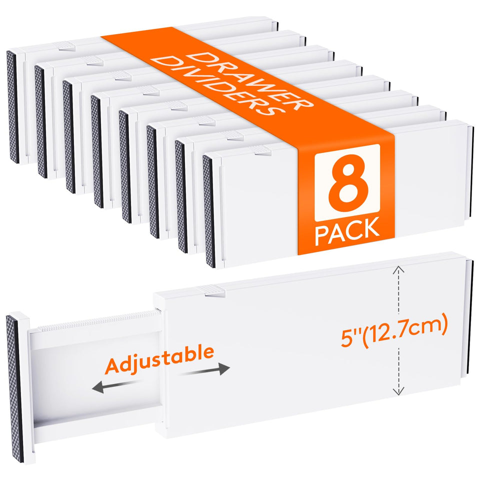 Lifewit 8-pack drawer dividers extended in a deep drawer for tidy clothing