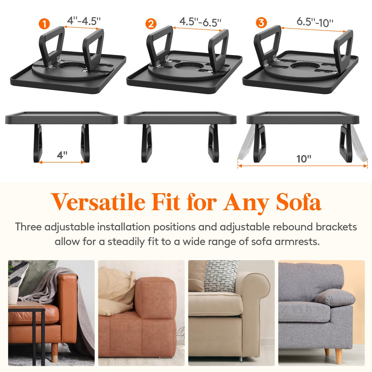 Lifewit adjustable bracket fits flat to rounded armrests 4–10 inches wide.