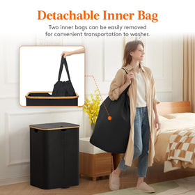 Lifewit bamboo handles close-up shows comfortable grip for carrying laundry.