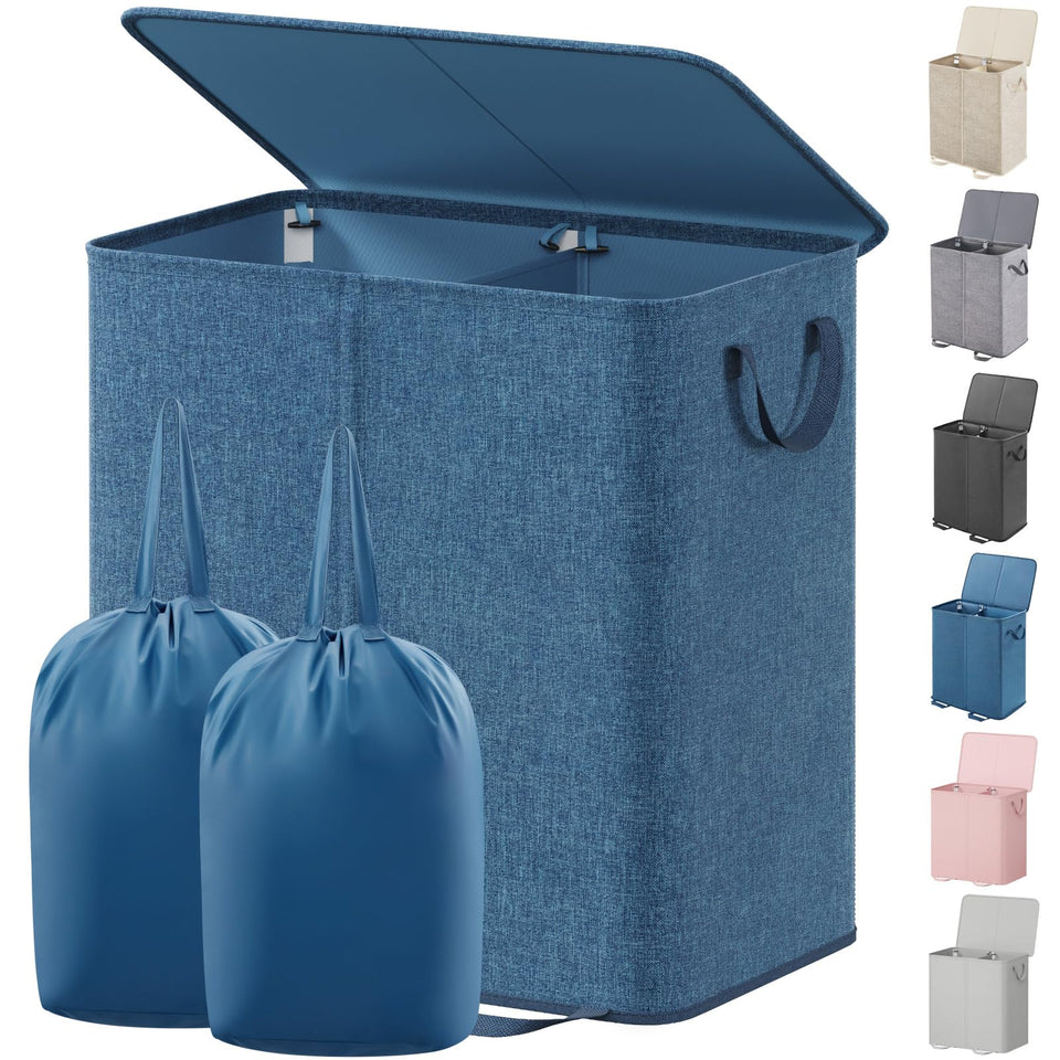 Lifewit double laundry hamper with blue lid keeps dirty clothes out of sight.