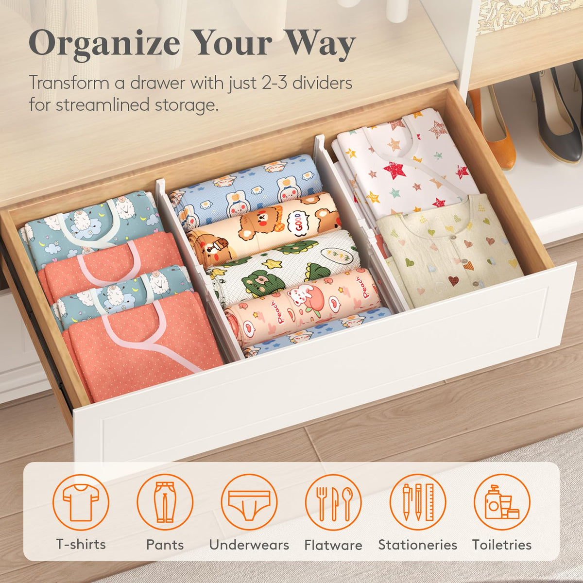 Lifewit dual-direction self-adjusting dividers fit various drawers.